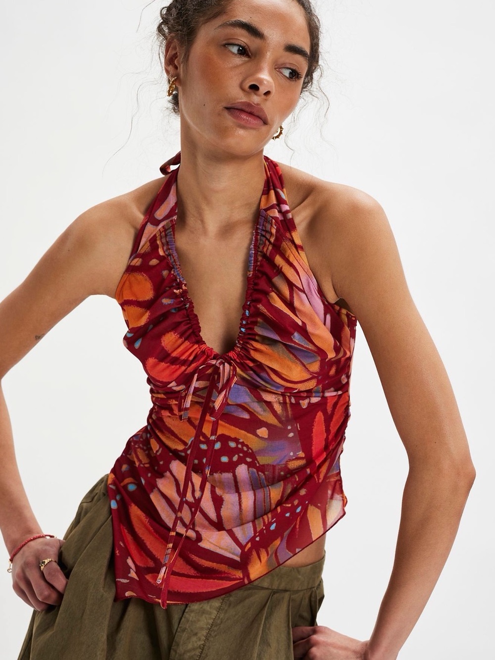 Free People Red Multi Ruched Halter Camisole